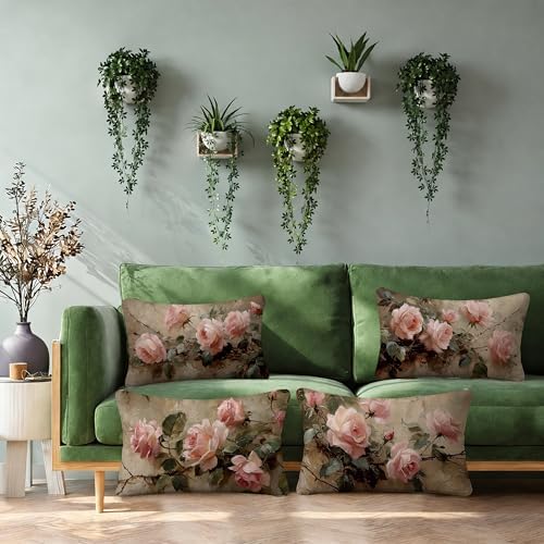 Vintage Pink Rose Floral Throw Pillow Covers Decor 12x20, Shabby Chic Rustic Cottagecore Decorative Rectangle Throw Pillow Covers, Gifts for Room Couch Double-Sided Set of 4