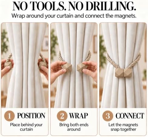 NazTur Magnetic Curtain Tiebacks, Curtain Ties, No-Drill Holdbacks (4 Pack)