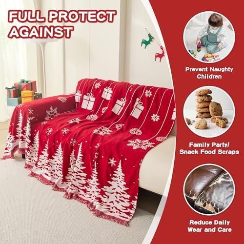 MEETSKY Christmas Couch Cover for Sectional Sofa, Chenille Loveseat Red Sofa Covers Washable for Pet Friendly Cedar Decorative Couch Covers, 71" x 134"