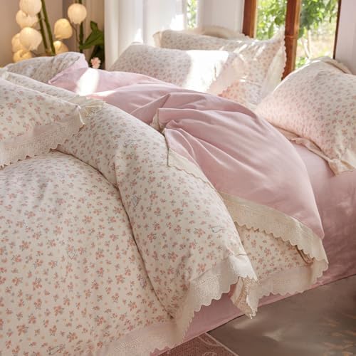 LifeTB Botanical Floral Duvet Cover Twin XL, Soft Cotton Muslin Duvet Cover with Ruffle Lace, Breathable Linen Like Gauze Comforter Cover, Pink Flower Cute Rabbilt Botanical Bedding Set Twin XL