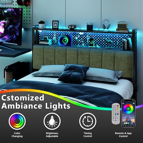 VINGLI Chenille Green Upholstered Bookcase Headboard Only Full Size Height Adjustable Headboard with 2 Tier Shelves, LED Lights and Charging Station for Bed, Bedside Storage