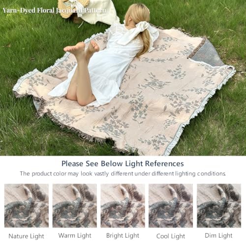 Simple&Opulence Cotton Muslin Blanket Queen 90"x90", Reversible Yarn-Dyed Vintage Brick Beige Botanical Jacquard, 3-Layer Gauze with Tassels, Lightweight Breathable All-Season Bedspread for Bed Couch