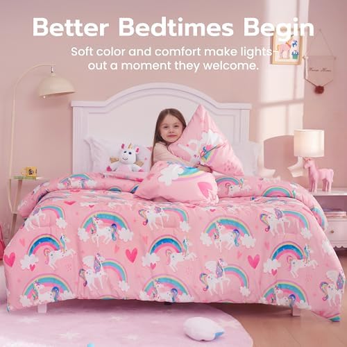 Joiedomi Kids Comforter Set Bedding Set for Boys Girls Super Soft Microfiber Bed in a Bag with Comforter Sheets Pillowcase Sham, Pink Unicorn Rainbow, Twin