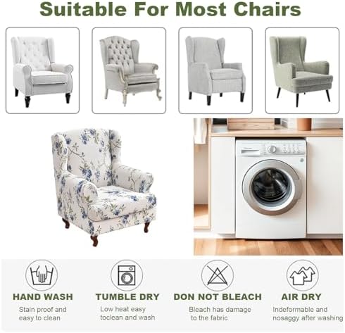HAOYONG Wing Chair Slipcovers Elastic Printed Wingback Chair Covers 2 Pieces Wingback Armchair Slipcover Stretch Chair Slip Covers Washable Armchair Protector Cover for Living Room and Bedroom