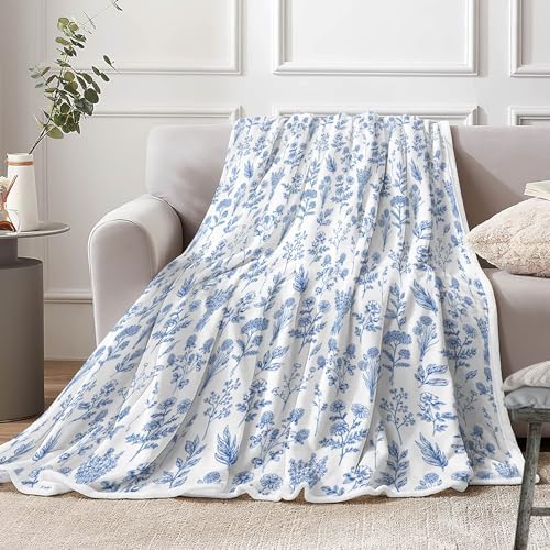 Floral Fuzzy Blanket Blue Floral Throw Blanket, Botanical Flowers Blankets, Soft, Flannel, Warm, Boho Flowers Bed Blankets All Season for Couch Bedroom Living Room 50X70 Inch
