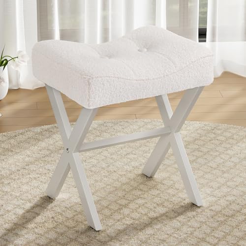 Memobarco 18-Inch Vanity Stool Chair, White Padded Saddle Makeup Stool