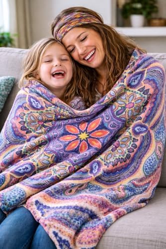 Soft Fleece Throw Blanket, Bohemian Boho Paisley Damask Purple Pink, 50x70
