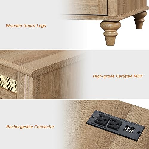 WAMPAT Farmhouse End Table with Charging Station, Rattan Side Table, Oak