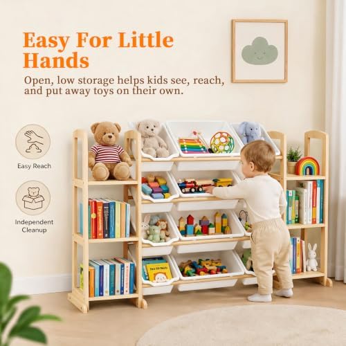 Toy Storage Organizer with Bookshelf – Wooden Toy Organizer with 12 Toy Bins & 6 Tier Bookcase,Quick Assembly Kids Bookshelf,Toy Bin for Playroom, Bedroom, Nursery– White