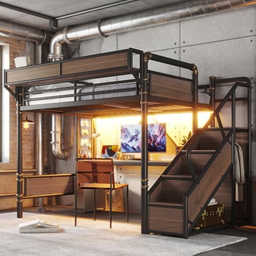 Bellemave Full Metal Loft Bed with Stairs and Desk for Kids,Adults,Black