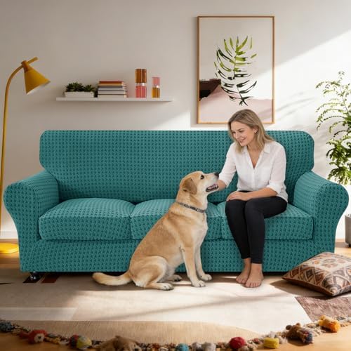 MAXIJIN 4 Pieces Stretch Oversized Couch Covers for 3 Cushion Sofa Covers Washable Sofa Slipcovers Thick Soft Furniture Protector with Non Slip Strap (Peacock Blue), 91"-110"(3 XL Cushions)