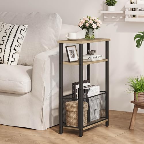 MMEOLUOOK Narrow Side Table with Storage Basket Skinny End Tables for Smalls Spaces 3 Tier Sofa Table Small Nightstand Slim Bedside Table for Living Room Bedroom Greige MLBZ22GR