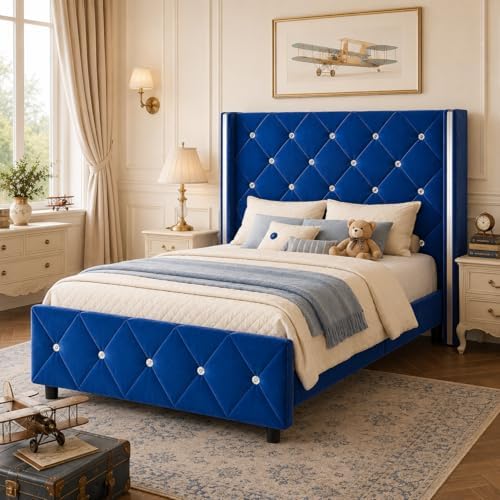 HOMBCK Twin Bed Frame with Velvet Headboard, Silverside Wingback, Blue