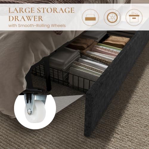 SHA CERLIN King Size Bed Frame with Storage Drawer & LED Lights, Black