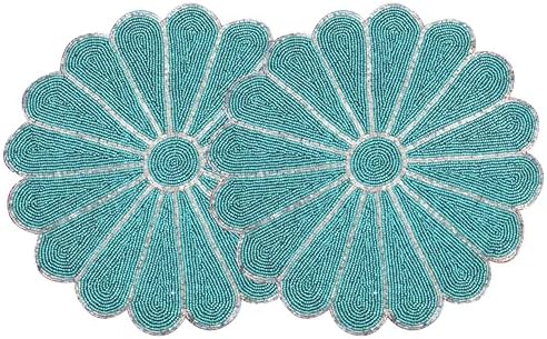 Alpha Living Home 2-Pack Round Placemats, Glass Beads, Teal Silver, 13 Inch
