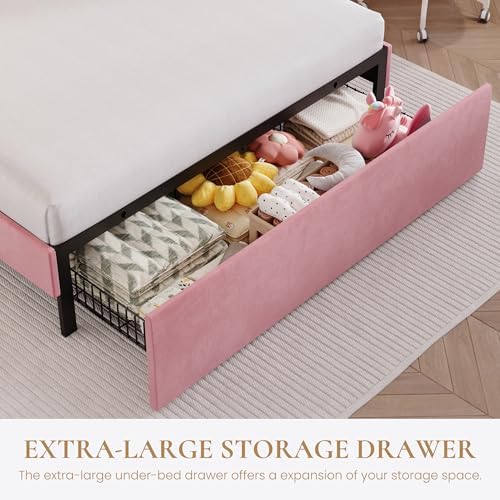 SHA CERLIN Full Size Bed Frame with LED Lights and Storage Drawer, Pink