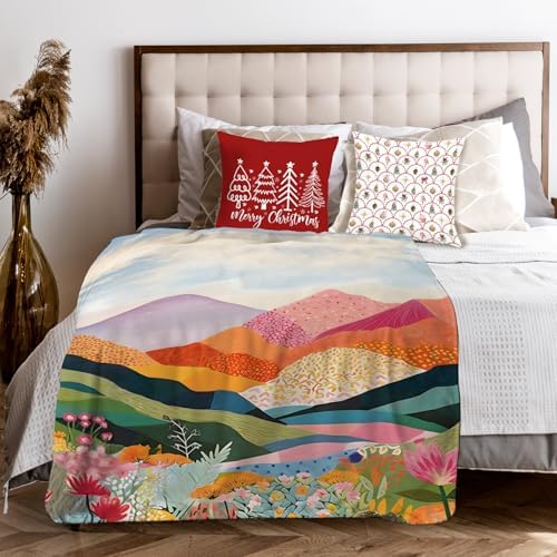 Abstract Colorful Mountain Throw Blanket for Couch, Modern Home Decor, Maximalist Wildflower Nature Landscape Throw Blanket for Bedroom Living Room Home Decoration, 50x60 Inches