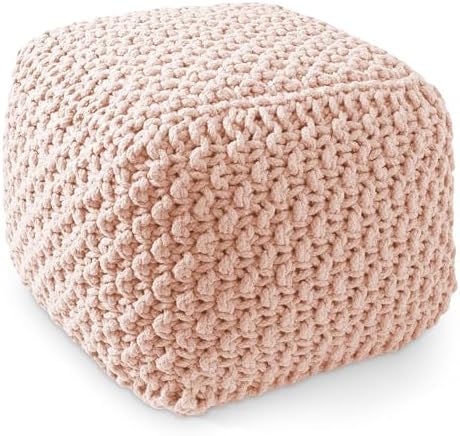 Casafield Square Pouf Ottoman, Light Pink 18.5" W x 18.5" D x 14.5" H Cotton Knit Foot Stool - Boho Floor Pouffe for Living Room, Bedroom, Home Office