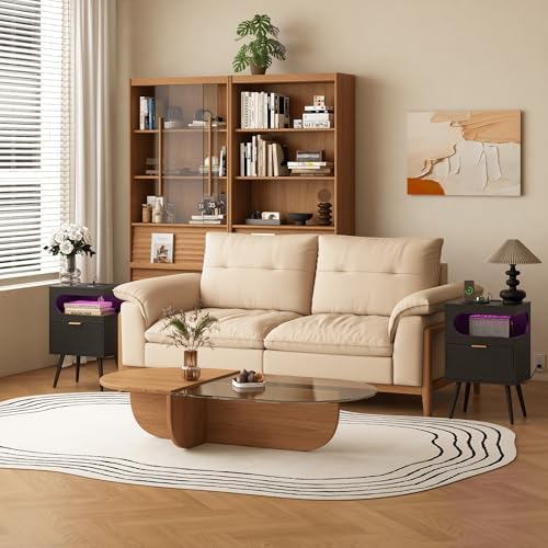 Veegle Nightstand,Modern Bedside Table with Storage Drawer and Open Wood Shelf, Accent Night Stand with Solid Wood Legs for Living Room, Bedroom and Small Spaces,Easy Assembly (Black-1)