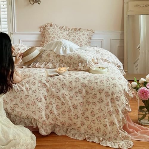 Pink Floral Duvet Cover Twin Ruffle Bedding, Pink Peony, No Pillows