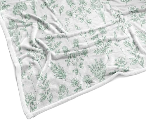 Floral Fuzzy Blanket Green Floral Throw Blanket, Botanical Flowers Blankets, Soft, Flannel, Warm, Boho Flowers Bed Blankets All Season for Couch Bedroom Living Room 60X80 Inch