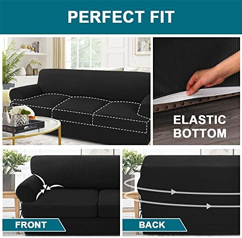 Turquoize 4 Piece T Cushion Sofa Slipcovers Stretch Couch Cover Furniture Covers with 3 Individual T Cushion Covers, Machine Washable (3 Cushion Sofa, Black)