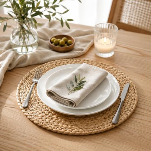Set of 8 Round Woven Placemats, 13 Inch Rattan Chargers for Dinner Plates, Wicker Placemats, Boho Farmhouse Rustic Braided Jute Table Mats for Kitchen Dining Party Decor
