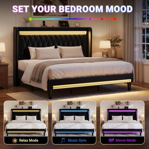 Allewie King Size Upholstered Bed Frame with LED & Charging Station, Black