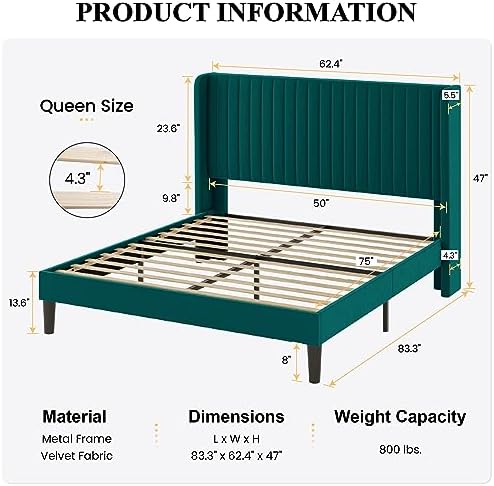 SHA CERLIN Queen Size Velvet Bed Frame, Tufted Wingback Headboard, Teal