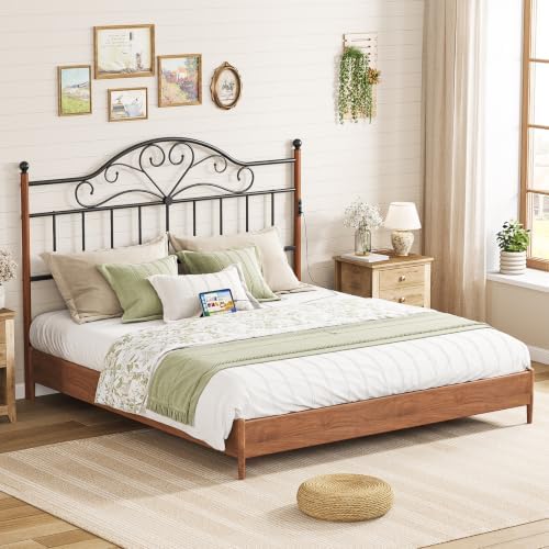 King Size Headboard with Charger Stations, Vintage Metal Headboard Only