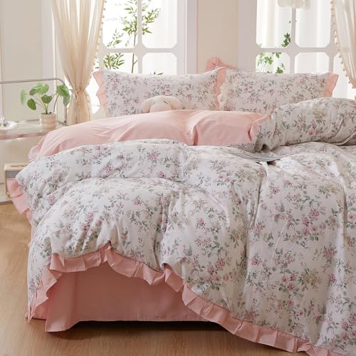 HighBuy Vintage Pink Floral Duvet Cover Queen Ruffle Lace Coquette Bedding Set French Country 100% Cotton Pink Striped Soft Breathable Farmhouse Bedding with Zipper Closure & 4 Corner Ties