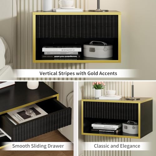 4ever2buy Floating Nightstand, Black Bedroom Night Stand with Drawer