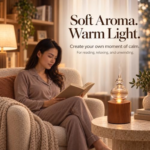 Waterless Essential Oil Diffuser, Cordless Rechargeable Glass Nebulizing Diffuser with Wood Base & Warm LED Light, Aromatherapy Diffuser for Home, Bedroom & Office