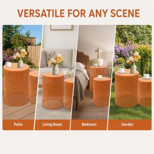 Set of 2 Outdoor Side Table, Garden Stool for Patio, Metal Accent Table Modern End Table, Patio Side Table for Garden, Balcony, Bedroom Indoor Outdoor Decorative, Terracotta Orange