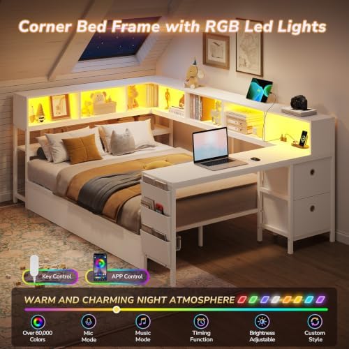 DICTAC Corner Full Bed Frame with Desk, 9 Storage Drawers and Bookcase, Full Size Platform Bed Frame with Charging Station and LED Lights, Modern Daybed for Kids/Teen with Storage, Space-Saving, White