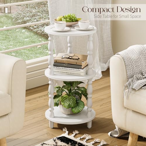 Yoobure Small Round Side Table - 3-Tier End Table with Storage Shelf, Narrow Bedside Table Nightstand for Bedroom, Accent End Tables Living Room, Wood Side Tables for Small Spaces, Office, White