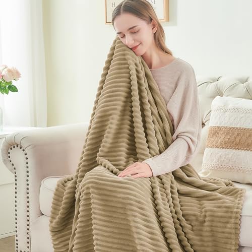 BEDELITE Ribbed Jacquard Brown Fleece Throw Blanket for Couch, 50x60 Inch