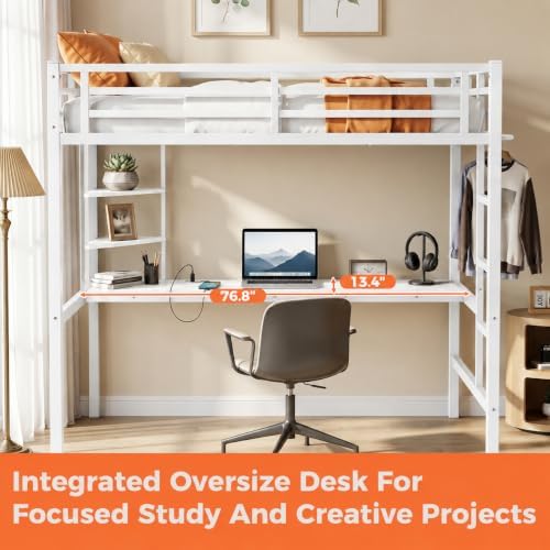 Twin Loft Bed with Desk, USB Charging Station, LED Light，Storage Shelves