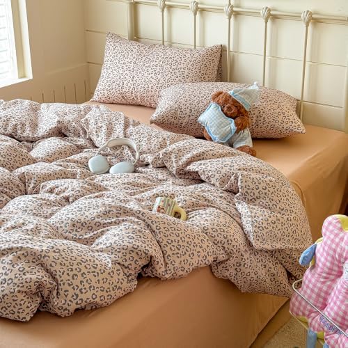 mixinni Light Brown Leopard Print Duvet Cover Set Twin Size, 3PCs Cute Animal Cheetah Bedding, 100% Cotton Double Gauze Soft Aesthetic Retro Pink Black Bedding Set with 2 Pillowcases for Girls Women