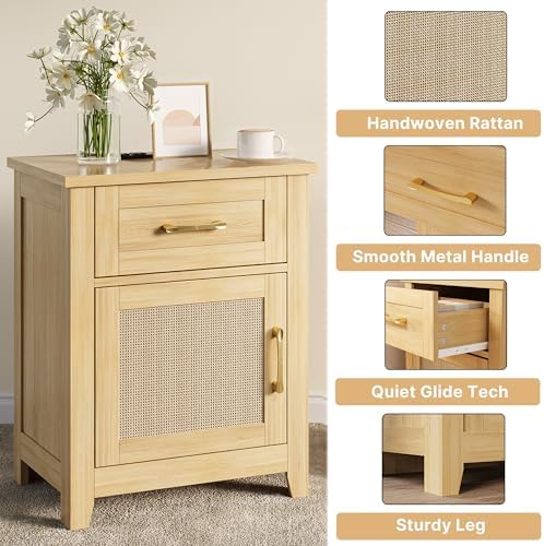 Decofy Rattan Nightstand with Charging Station, Modern End Tables with Storage and One Drawers, Outlets, USB Ports and Type-C Ports, Wood Nightstands for Bedroom, Dorm and Small Spaces Oak