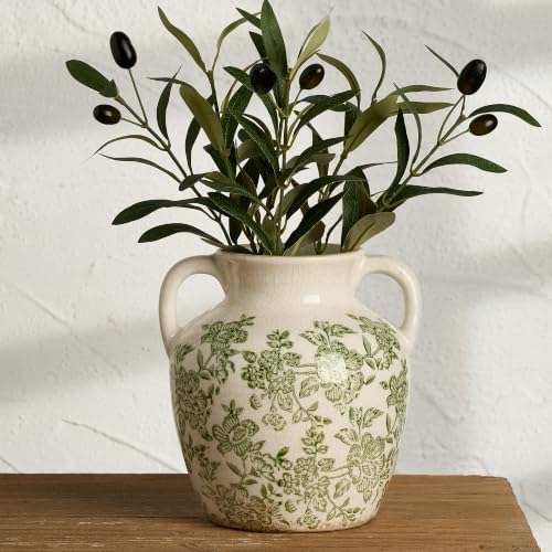 Ceramic Vase with Handles, Vintage Utensil Holder, Flower Decorative Vase Chinoiserie Decor Rustic Farmhouse Retro Floral Vases for Table Bookshelf Mantel Kitchen Living Room Office - 6.7” Green 018