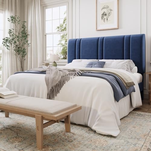 SHA CERLIN Queen Size Velvet Bed Frame with Adjustable Headboard, Blue