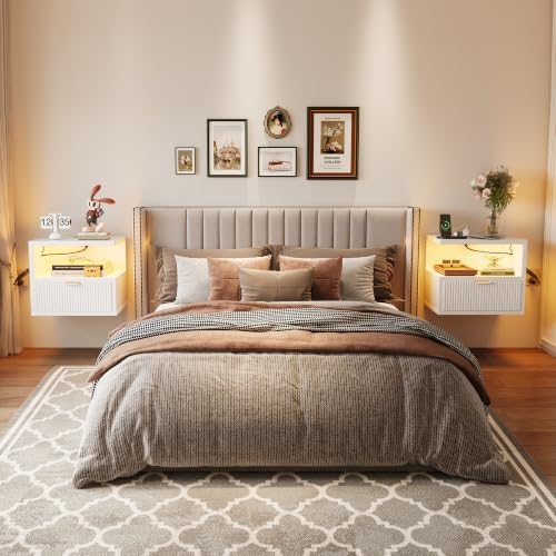 Homeiju Floating Nightstand with Charging Station, LED Lights and Drawer