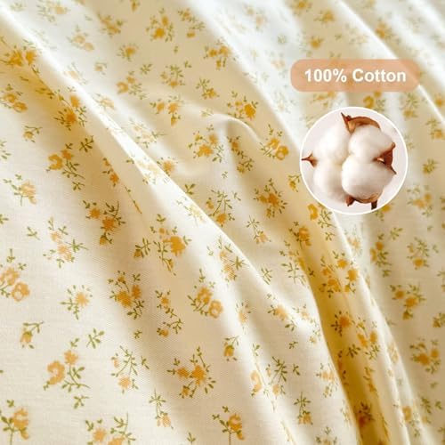 Yellow Floral Duvet Cover Set Twin Size 3 Pcs,100% Cotton Soft Comfy Flower Bedding Set with Lace Ruffles,Breathable Lightweight Comforter Covers with 2 Pillowcases 68"×86"