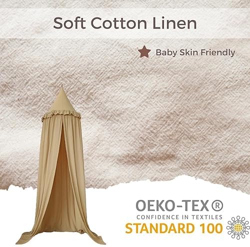Wonder Space Kids Bed Canopy with Ruffles, Pastel Neutral Color for Boys & Girls, Frilled Cotton Tent Nursery Room Baby Crib Hanging Curtain Mosquito Netting Children Reading Nook Decoration (Khaki)