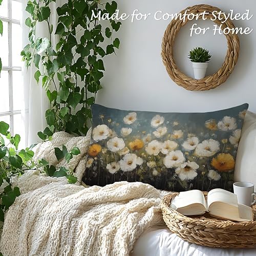 Vintage Moody Floral Pillow Cover 12x20, Dark Rustic Cottage Core Botanical Wildflower Decorative Lumbar Pillow Cover for Couch Bed Living Room Bedroom