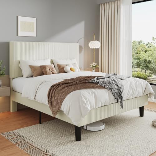Allewie Full Bed Frame, Corduroy Tufted Headboard, Cream