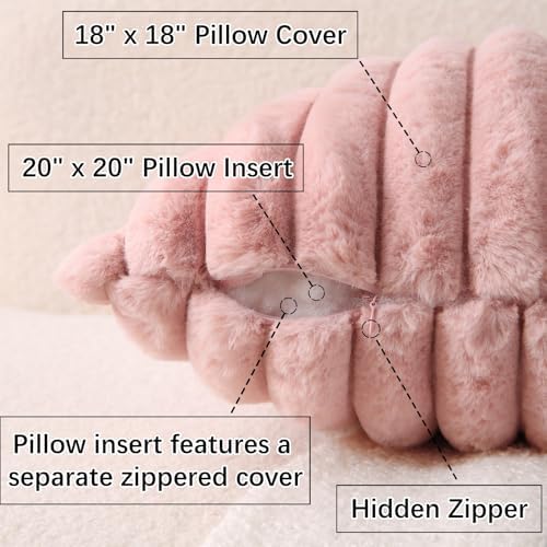 Decorative Throw Pillow with Inserts, Set of 2 Soft Faux Fur Throw Pillows, Square Boho Striped Pillow for Couch, Bed, Sofa Decor (Pink, 18" x 18"(Pack of 2))