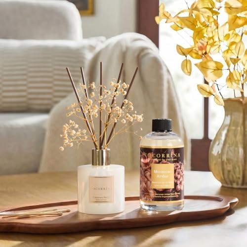 Cocorrína Reed Diffuser Refill Moroccan Amber 17oz (500ml) with 8 Sticks - Premium Long-Lasting Scented Oil, Home Fragrance for Bedroom, Bathroom Home Decor