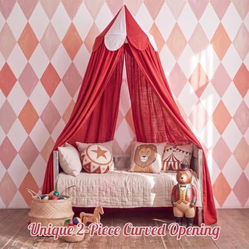 Bed Canopy with Scalloped Edge, 2 Panel Striped, Red